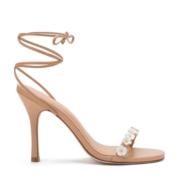 Larroude Goldie Sandals high heels shoes Tan Leather lace up flowers Sz 8.5 - Picture 2 of 15